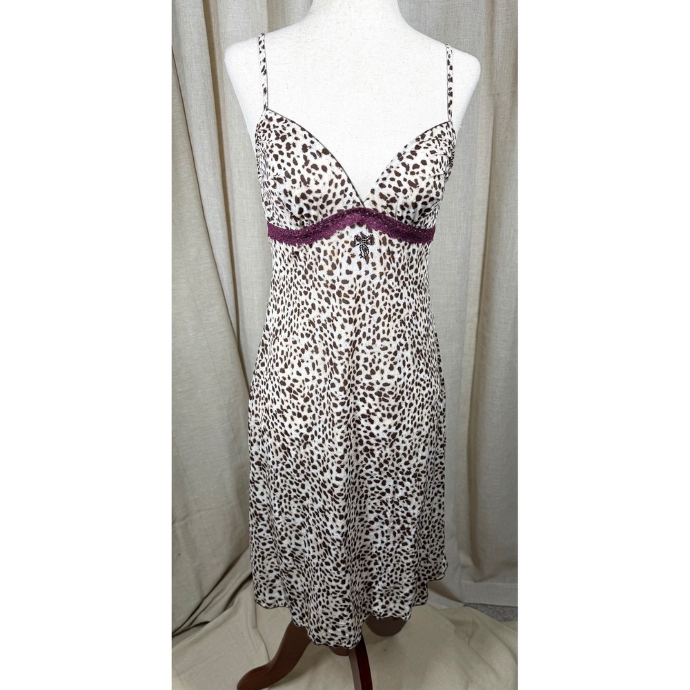 Intimissimi Leopard Print Chemise & Thong Lingerie Set L/M Plum Ivory Lace Italy - Picture 3 of 13